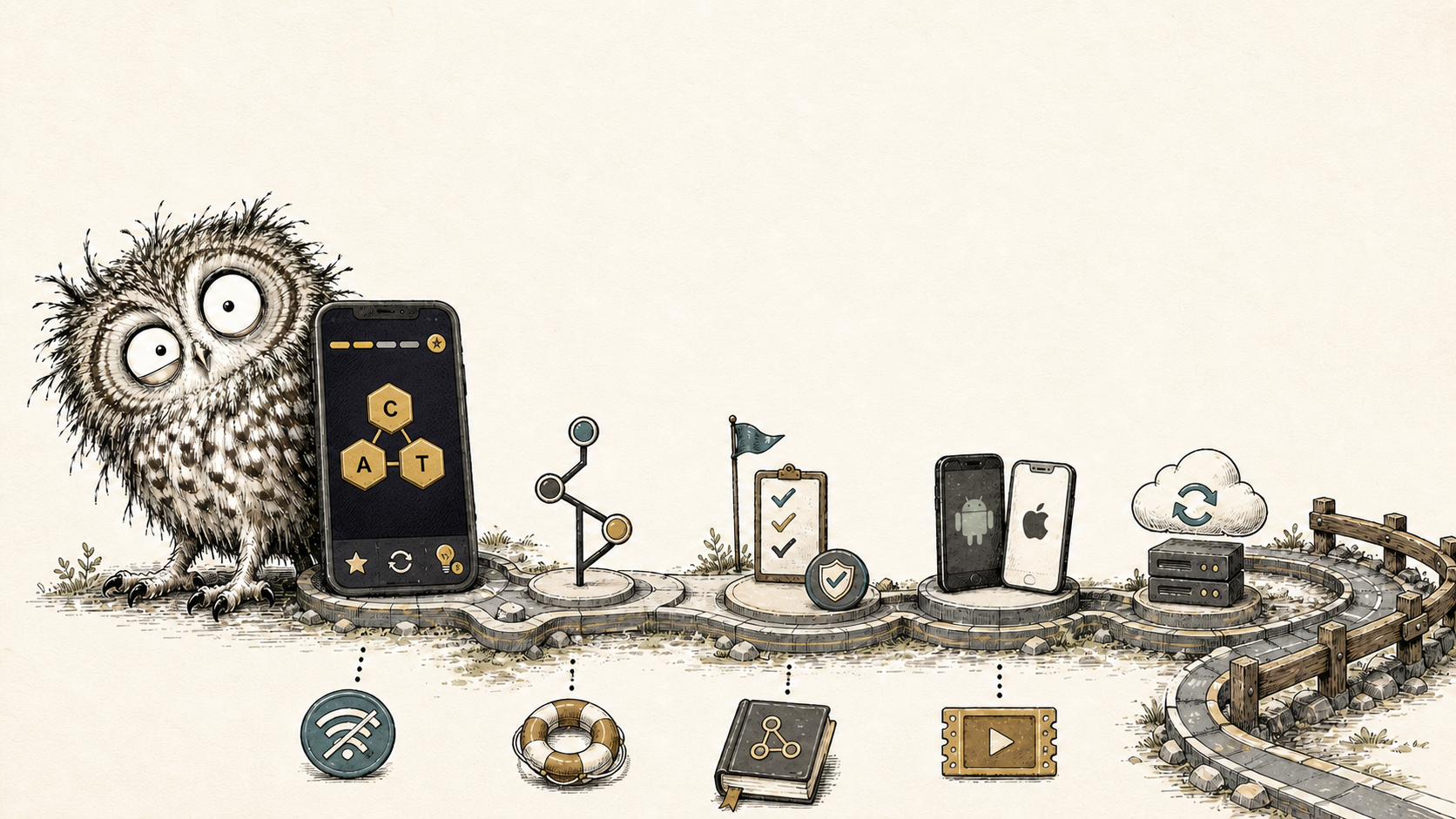 An ink-drawn Snarly Owl stands beside a phone showing an illustrated Wordulate honeycomb puzzle while a winding mobile-game production path passes through source control, test gates, Android and iOS devices, cloud sync, offline recovery, and guardrails.